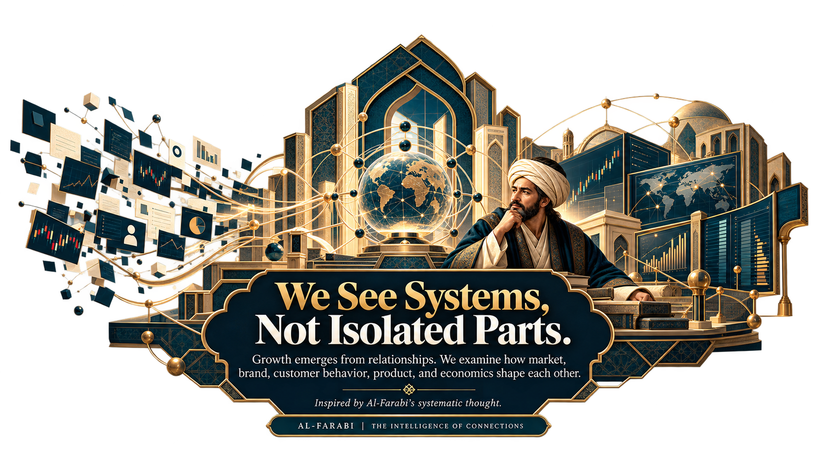 An artistic interpretation of Al-Farabi, surrounded by connected market and information systems.