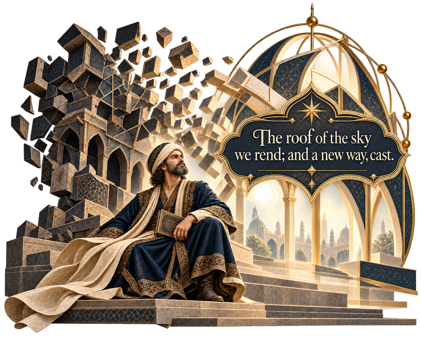 A contemporary artistic interpretation of Hafez with architecture being reimagined.