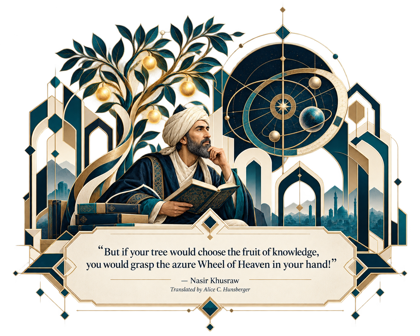 Artistic interpretation of Nasir Khusraw, with a tree of knowledge and celestial geometry.